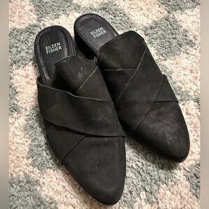 EILEEN FISHER Black Leather Suede Bauer Mules Classic Luxury Minimalist Size 8